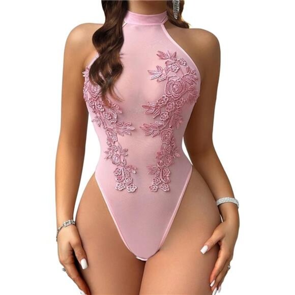 Women Teddy Lingerie Sexy Mesh Bodysuit Pink - Picture 2 of 6